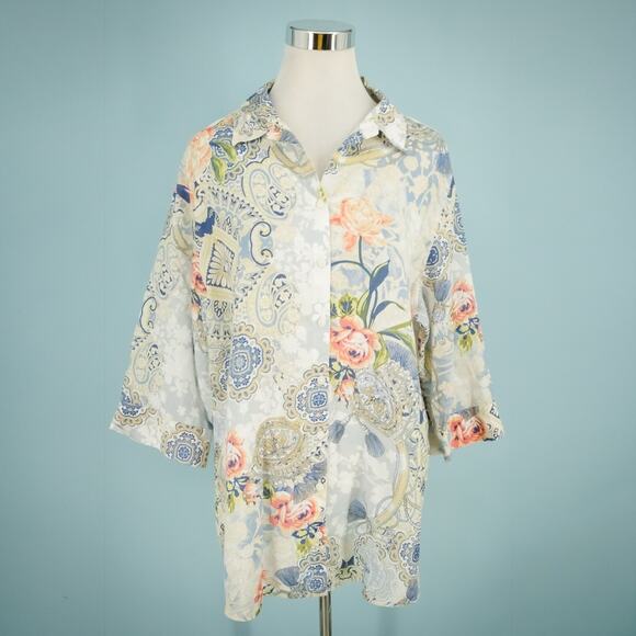 Chico's 3 Size XL Floral Paisley Print Button Tab Sleeve No Iron Linen Tunic Top - Picture 1 of 7